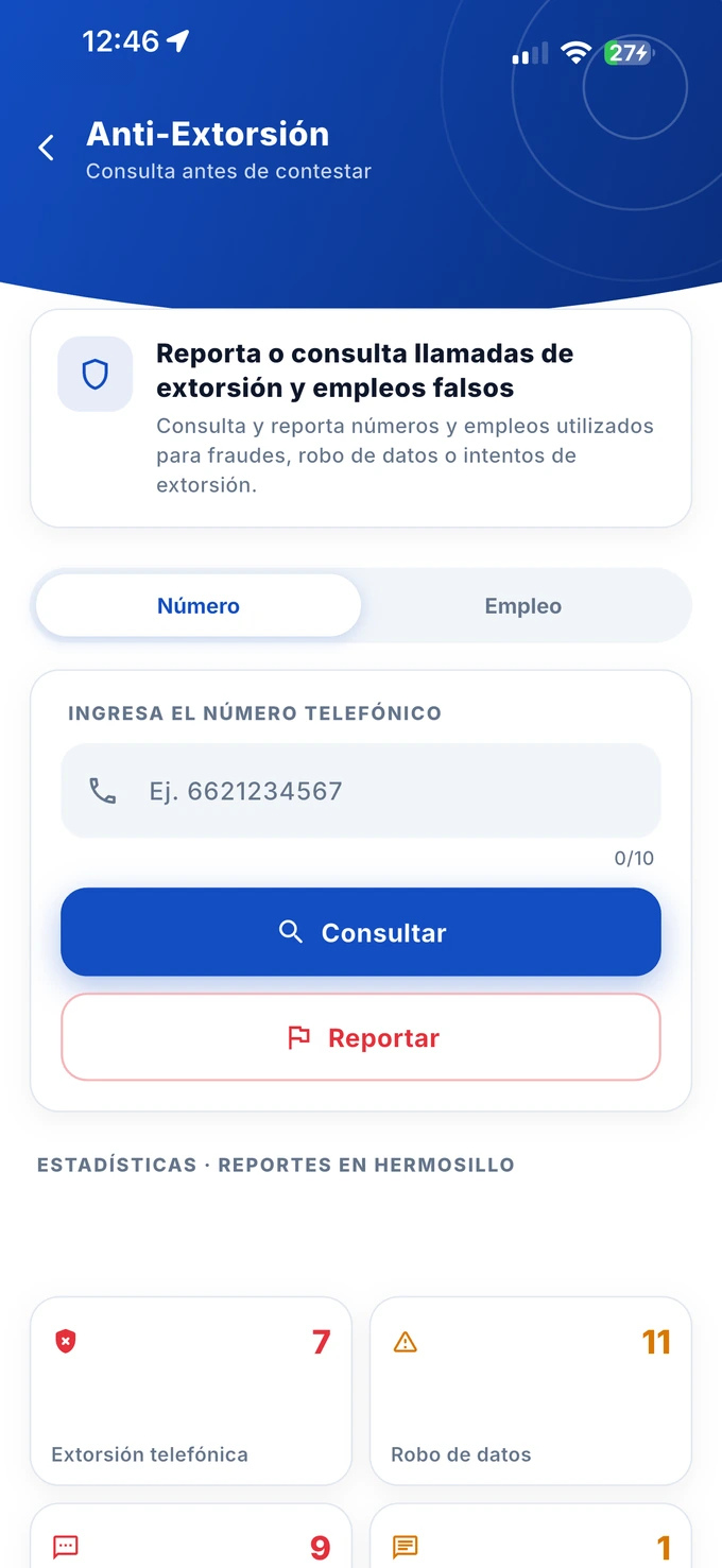 Pantalla para consultar y reportar números de extorsión