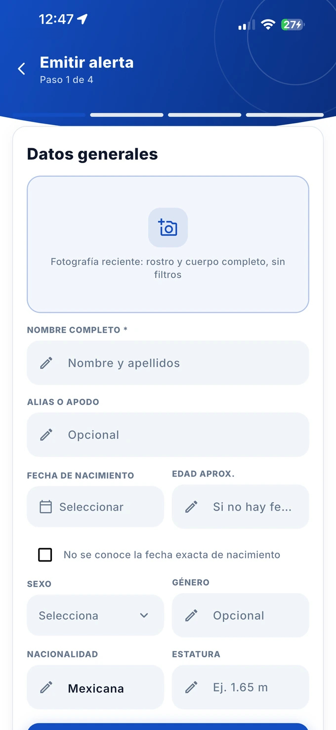 Pantalla para emitir una alerta de búsqueda