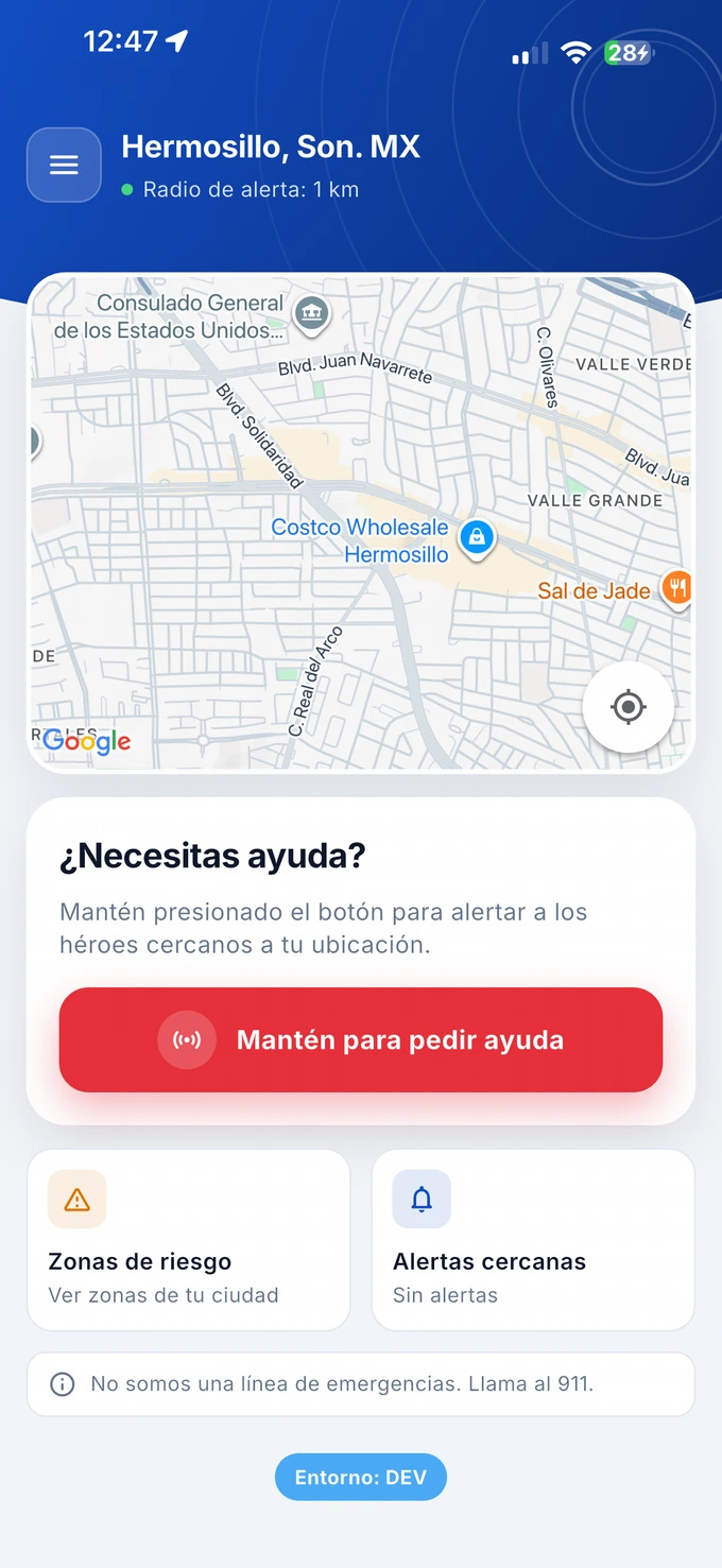 Pantalla principal de la app con mapa y botón para pedir ayuda